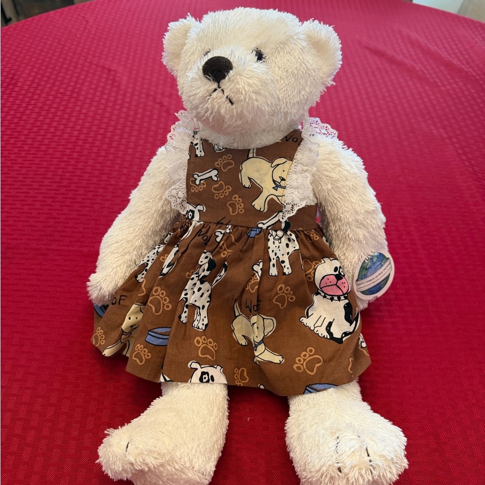 Charming White Teddy Bear in Brown Dog-Print Dress